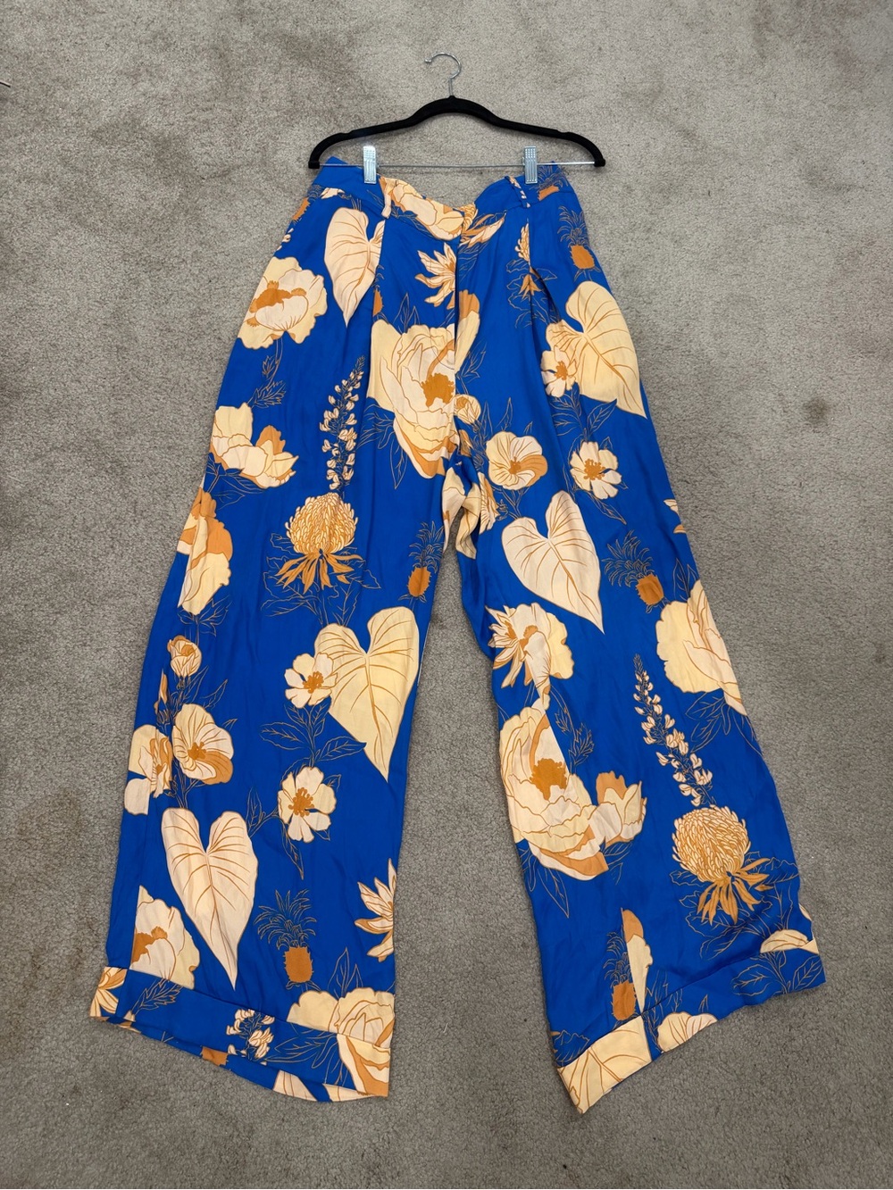 Anthropologie Blue Wide-Leg Floral Pants with Cream Accents